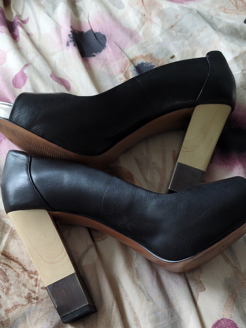 BcB Generation Black Block Heel Pumps with Wood Accent